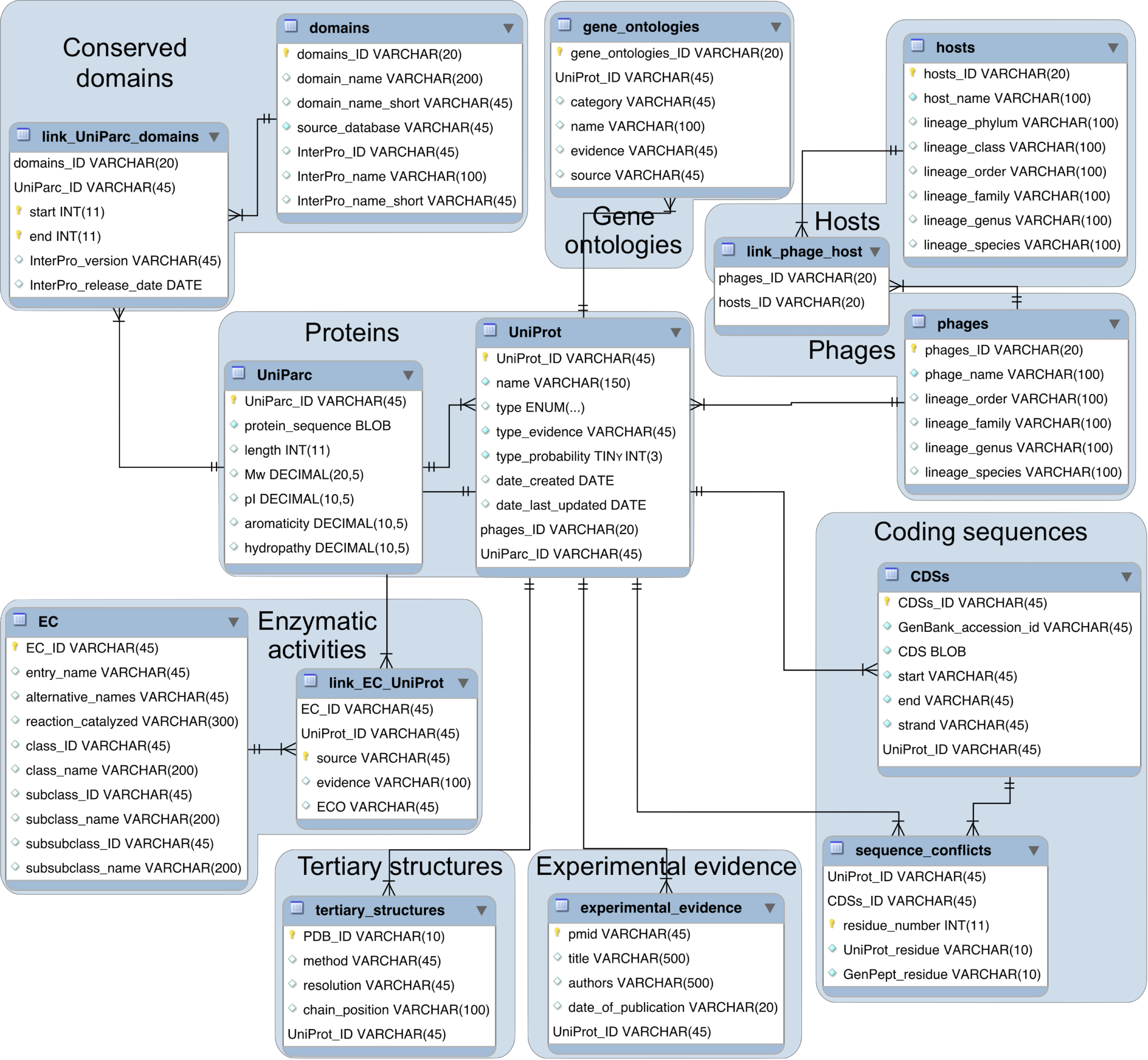 Detailed EER schema of MySQL tables and relationships